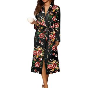 Ekouaer Robes for Women Long Sleeve Knit Kimono Bathrobe Soft Lightweight Loungewear Ladies Cotton Sleepwear(Orange Red Flowers)