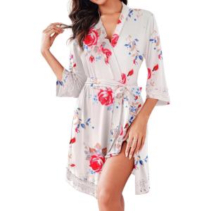 Ekouaer Robes for Women Short Knit Bathrobe Lightweight Sexy Lace Sleepwear Soft Knee Length Loungewear(White Flower)