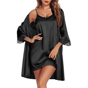 Ekouaer Sleepwear Women’s Satin Nightgown with Robes Set 2 Piece Sexy Lace Cami Nightwear(Black)