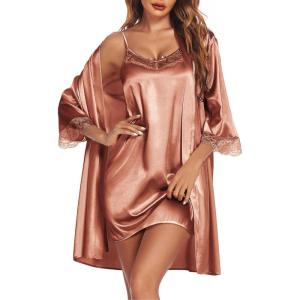 Ekouaer Sleepwear Women’s Satin Nightgown with Robes Set 2 Piece Sexy Lace Cami Nightwear(Brown)
