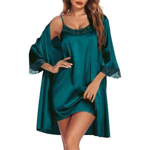 Ekouaer Sleepwear Women’s Satin Nightgown with Robes Set 2 Piece Sexy Lace Cami Nightwear(Dark Green)