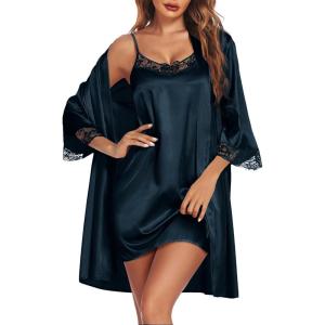Ekouaer Sleepwear Women’s Satin Nightgown with Robes Set 2 Piece Sexy Lace Cami Nightwear(Deep Blue)