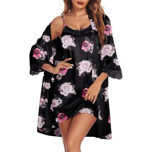 Ekouaer Sleepwear Women’s Satin Nightgown with Robes Set 2 Piece Sexy Lace Cami Nightwear(Floral White Black)