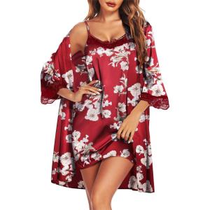 Ekouaer Sleepwear Women’s Satin Nightgown with Robes Set 2 Piece Sexy Lace Cami Nightwear(Floral Wine Red)