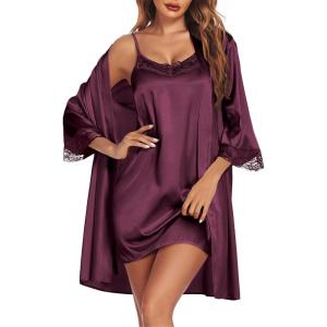 Ekouaer Sleepwear Women’s Satin Nightgown with Robes Set 2 Piece Sexy Lace Cami Nightwear(Plum Red)