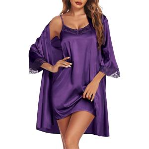 Ekouaer Sleepwear Women’s Satin Nightgown with Robes Set 2 Piece Sexy Lace Cami Nightwear(Purple)