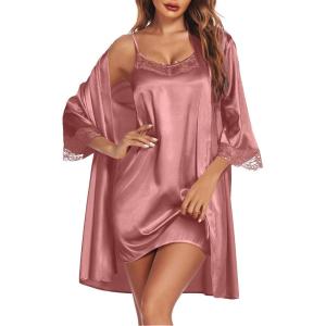 Ekouaer Sleepwear Women’s Satin Nightgown with Robes Set 2 Piece Sexy Lace Cami Nightwear(Purplish Red)