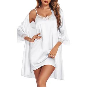 Ekouaer Sleepwear Women’s Satin Nightgown with Robes Set 2 Piece Sexy Lace Cami Nightwear(White)