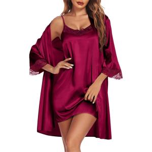 Ekouaer Sleepwear Women’s Satin Nightgown with Robes Set 2 Piece Sexy Lace Cami Nightwear(Wine Red)