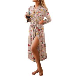 Ekouaer Women Kimono Robes Full Length Knit Bathrobe Lightweight Soft Sleepwear V-neck Casual Ladies Loungewear S-XXL(Floral Beige)