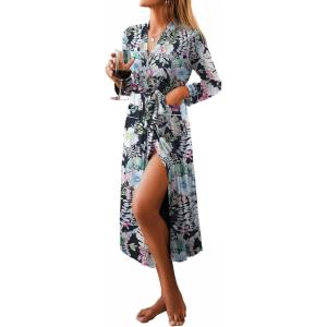Ekouaer Women Kimono Robes Full Length Knit Bathrobe Lightweight Soft Sleepwear V-neck Casual Ladies Loungewear S-XXL(Floral Black Leaves)
