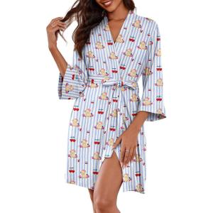 Ekouaer Women Kimono Robes Knee Length Knit Bathrobe Lightweight Soft Sleepwear V-neck Casual Ladies Loungewear(Blue Striped Teddy Bear)