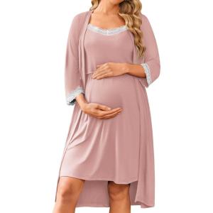 Ekouaer Women Lace Maternity Nursing Gown and 3/4 Sleeve Robe Set Double Layer Breastfeeding Nightgown Slip Dress & Bathrobe(Dirty Pink)
