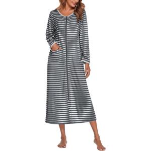 Ekouaer Women Long House Coat Zipper Front Robes Full Length Nightgowns with Pockets Striped Loungewear S-4XL(Dark Grey Stripes)