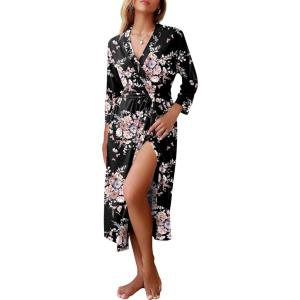 Ekouaer Women Robes Long Knit Bathrobe Lightweight Soft Kimono Robes Casual Ladies Loungewear with Pockets(Black Floral)