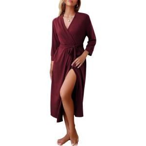 Ekouaer Women Robes Long Knit Bathrobe Lightweight Soft Kimono Robes Casual Ladies Loungewear with Pockets(Dark Red)