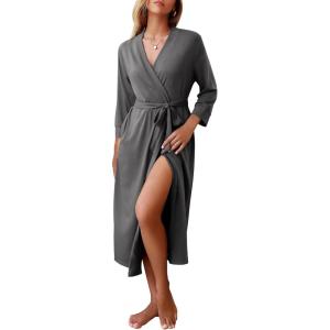 Ekouaer Women Robes Long Knit Bathrobe Lightweight Soft Kimono Robes Casual Ladies Loungewear with Pockets(Grey)