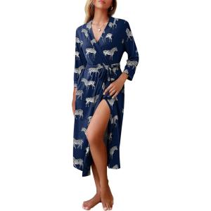 Ekouaer Women Robes Long Knit Bathrobe Lightweight Soft Kimono Robes Casual Ladies Loungewear with Pockets(Navy Zebra)