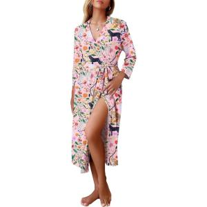 Ekouaer Women Robes Long Knit Bathrobe Lightweight Soft Kimono Robes Casual Ladies Loungewear with Pockets(Pink Tiger)