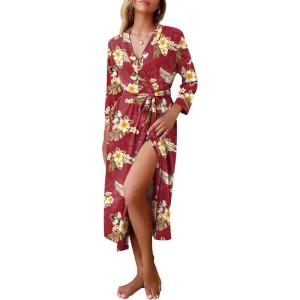 Ekouaer Women Robes Long Knit Bathrobe Lightweight Soft Kimono Robes Casual Ladies Loungewear with Pockets(Red Floral)