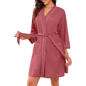 Ekouaer Women Robes Waffle Knee Length Bathrobe Lightweight Soft Sleepwear V neck 3/4 Sleeve Casual Ladies Loungewear S-XXL(Gray Purple)