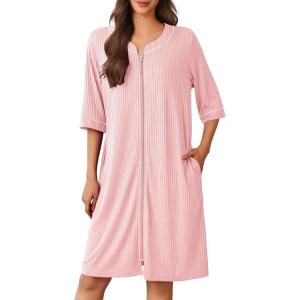Ekouaer Women Robes Zipper Front 3/4 Sleeve Housecoat Zip Up Bathrobes Lightweight Nightgown with Pockets S-XXL(Dark Pink)