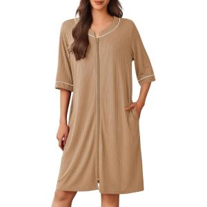 Ekouaer Women Robes Zipper Front 3/4 Sleeve Housecoat Zip Up Bathrobes Lightweight Nightgown with Pockets S-XXL(Khaki)