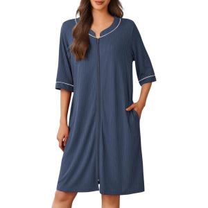 Ekouaer Women Robes Zipper Front 3/4 Sleeve Housecoat Zip Up Bathrobes Lightweight Sleepwear with Pockets Blue Purple X-Large