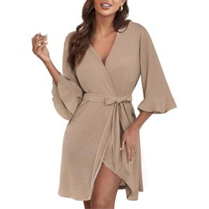 Ekouaer Women Waffle Robes 3/4 Sleeve Ruffle Knit Bathrobe Soft Lightweight Knee Length Robe Loungewear(Khaki)