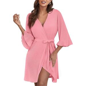 Ekouaer Women Waffle Robes 3/4 Sleeve Ruffle Knit Bathrobe Soft Lightweight Knee Length Robe Loungewear(Pink)