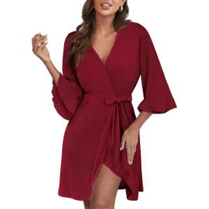 Ekouaer Women Waffle Robes 3/4 Sleeve Ruffle Knit Bathrobe Soft Lightweight Knee Length Robe Loungewear(Wine Red)