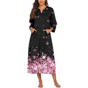 Ekouaer Women Zipper Robe 3/4 Sleeves Loungewear Dress Full Length Sleepwear Pockets Housecoat Nightgown Long Bathrobe(Cherry Blossoms)
