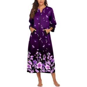 Ekouaer Women Zipper Robe 3/4 Sleeves Loungewear Dress Full Length Sleepwear Pockets Housecoat Nightgown Long Bathrobe(Purple Black Floral)