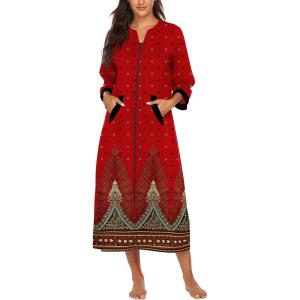 Ekouaer Women Zipper Robe 3/4 Sleeves Loungewear Dress Full Length Sleepwear Pockets Housecoat Nightgown Long Bathrobe(Red Feather)