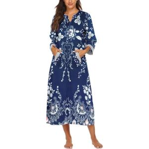Ekouaer Women Zipper Robe 3/4 Sleeves Loungewear Dress Full Length Sleepwear Pockets Housecoat Nightgown Long Bathrobe(Style 1-evening Blue Vines)