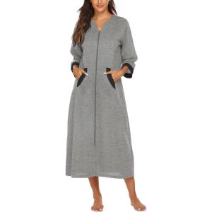 Ekouaer Women Zipper Robe 3/4 Sleeves Loungewear Dress Full Length Sleepwear Pockets Housecoat Nightgown Long Bathrobe(Style 1-grey)