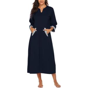 Ekouaer Women Zipper Robe 3/4 Sleeves Loungewear Dress Full Length Sleepwear Pockets Housecoat Nightgown Long Bathrobe(Style 1-navy)