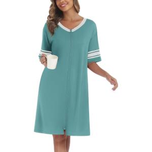 Ekouaer Women Zipper Robe Short Striped Sleeves Lightweight Robes Color Block Bathrobe Soft Sleepwear with Pockets S-3XL(B Mint Green)