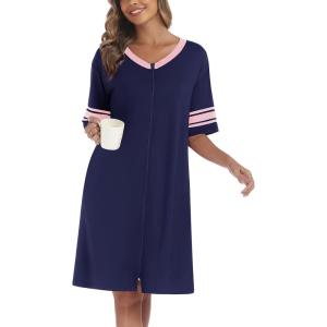 Ekouaer Women Zipper Robe Short Striped Sleeves Lightweight Robes Color Block Bathrobe Soft Sleepwear with Pockets S-3XL(B Navy Blue)