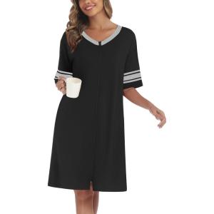 Ekouaer Women Zipper Robe Short Striped Sleeves Lightweight Robes Color Block Bathrobe Soft Sleepwear with Pockets S-3XL(Black)