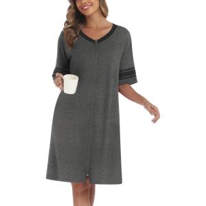 Ekouaer Women Zipper Robe Short Striped Sleeves Lightweight Robes Color Block Bathrobe Soft Sleepwear with Pockets S-3XL(Dark Grey)