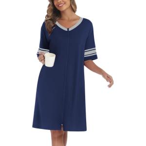 Ekouaer Women Zipper Robe Short Striped Sleeves Lightweight Robes Color Block Bathrobe Soft Sleepwear with Pockets S-3XL(Deep Blue)