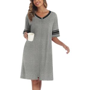 Ekouaer Women Zipper Robe Short Striped Sleeves Lightweight Robes Color Block Bathrobe Soft Sleepwear with Pockets S-3XL(Grey)