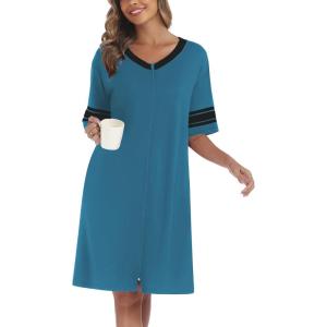 Ekouaer Women Zipper Robe Short Striped Sleeves Lightweight Robes Color Block Bathrobe Soft Sleepwear with Pockets S-3XL(Lake Blue)