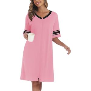 Ekouaer Women Zipper Robe Short Striped Sleeves Lightweight Robes Color Block Bathrobe Soft Sleepwear with Pockets S-3XL(Pink)