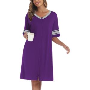 Ekouaer Women Zipper Robe Short Striped Sleeves Lightweight Robes Color Block Bathrobe Soft Sleepwear with Pockets S-3XL(Purple)