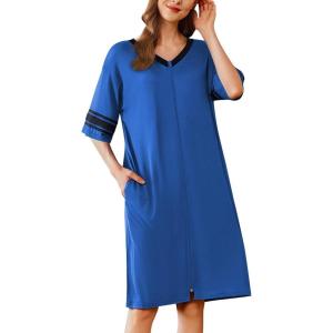 Ekouaer Women Zipper Robe Short Striped Sleeves Lightweight Robes Color Block Bathrobe Soft Sleepwear with Pockets S-3XL(Royal Blue)