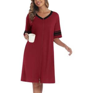 Ekouaer Women Zipper Robe Short Striped Sleeves Lightweight Robes Color Block Bathrobe Soft Sleepwear with Pockets S-3XL(Wine Red)