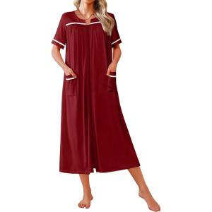 Ekouaer Women Zipper Robes Knit Short Sleeve House Coat Soft Bathrobe Full Length Housecoat Dressing Gown with Pockets(Wine Red)