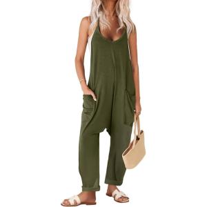 Ekouaer Womens Jumpsuit Sleeveless Casual Summer Overalls Jumpers Spaghetti Strap Baggy Long Pants Rompers with Pockets(Armygreen)